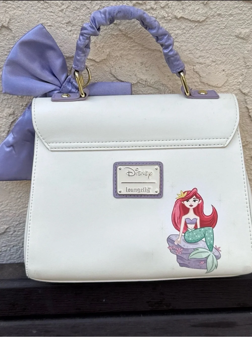 Loungefly White Satchel with Lavender Bow and Ruched Handle